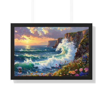 Ocean Wave and Cliffs with Wildflowers