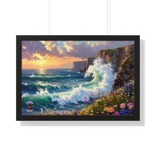 Ocean Wave and Cliffs with Wildflowers