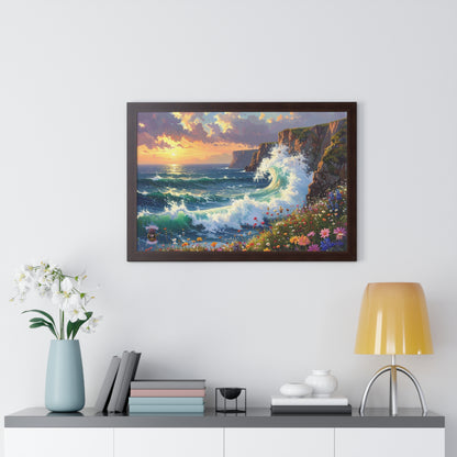 Ocean Wave and Cliffs with Wildflowers