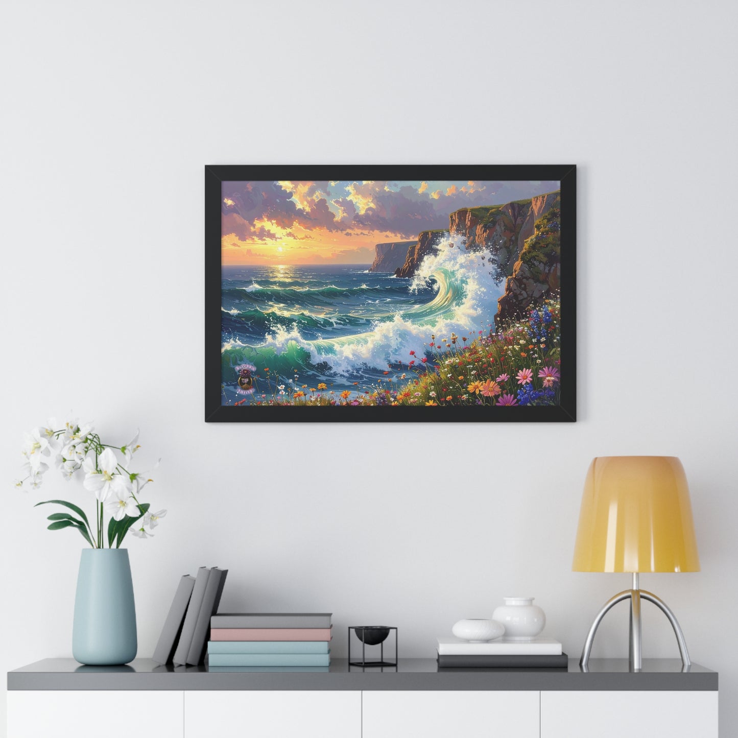 Ocean Wave and Cliffs with Wildflowers