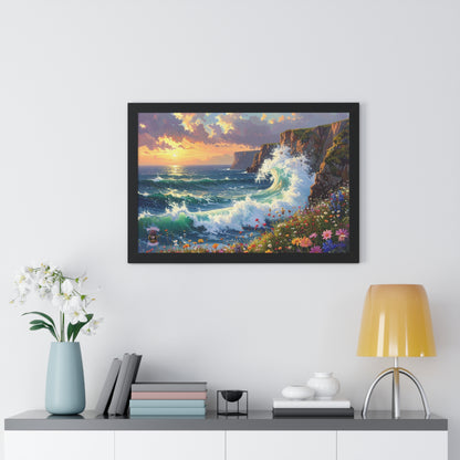 Ocean Wave and Cliffs with Wildflowers