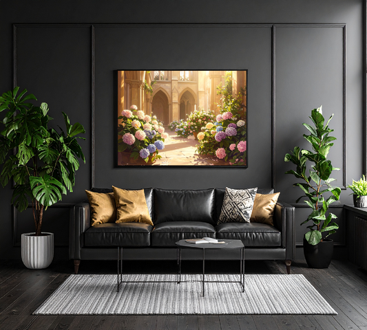 European Cathedral Courtyard Hydrangeas Magnolias Golden Sunlight