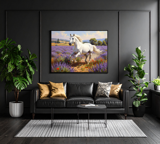 Galloping White Horse in Lavender Field Caravaggio Style