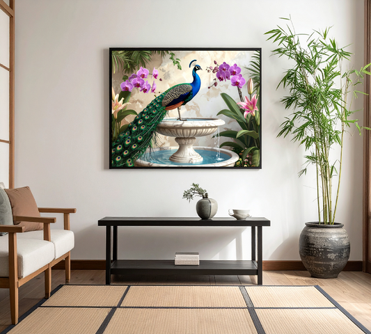 Elegant Peacock on Marble Fountain with Tuscan Renaissance-Inspired Details