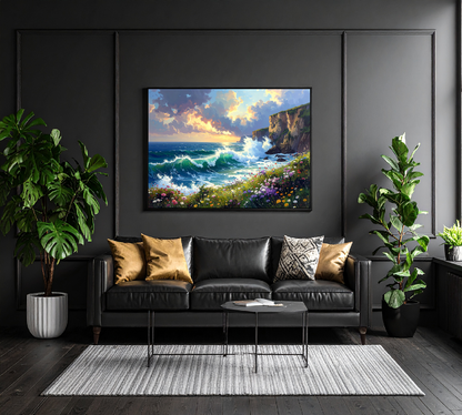 Ocean Wave and Cliffs with Wildflowers