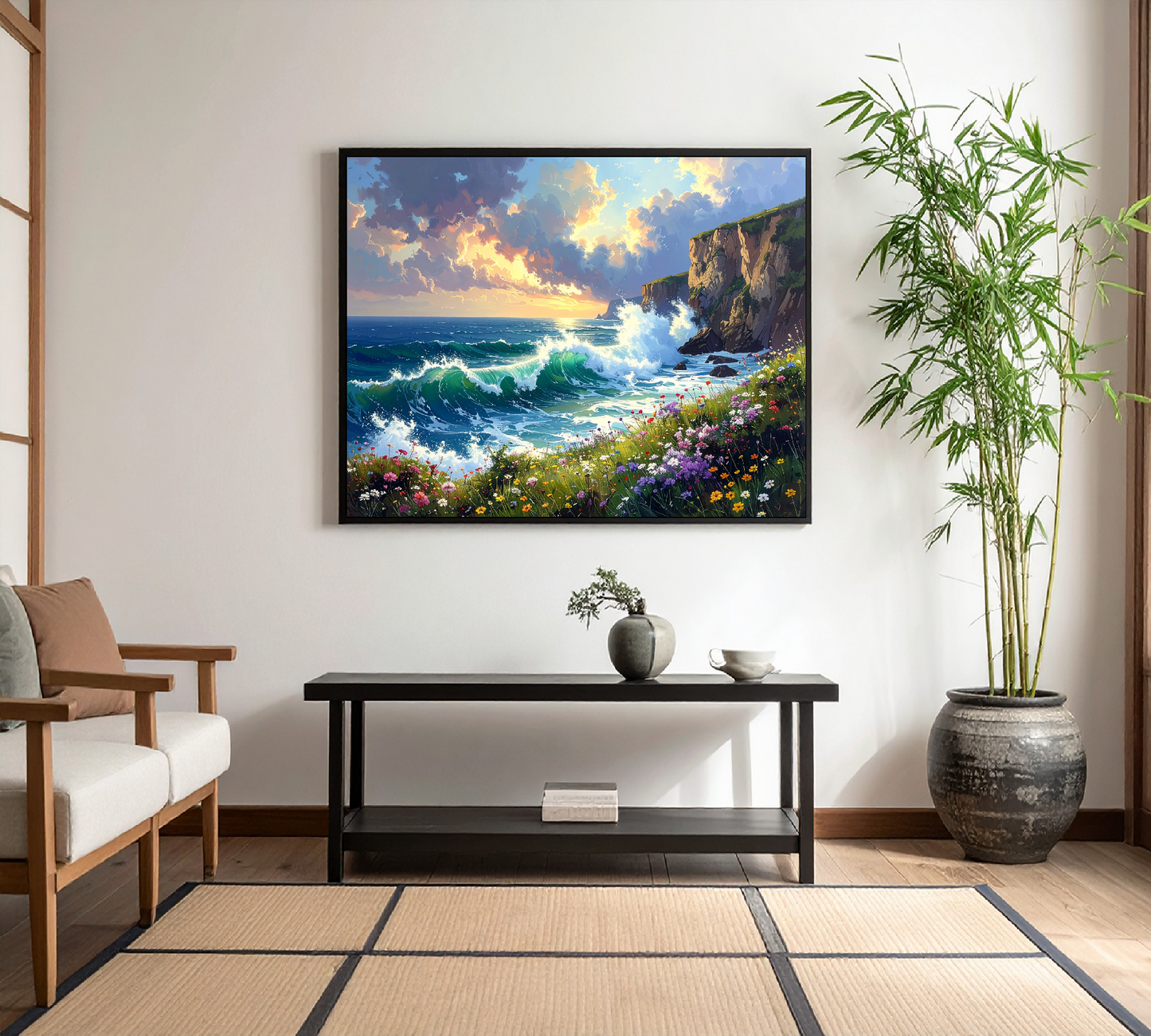 Ocean Wave and Cliffs with Wildflowers