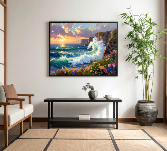 Ocean Wave and Cliffs with Wildflowers
