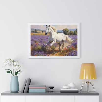 Galloping White Horse in Lavender Field Caravaggio Style