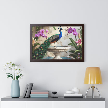 Elegant Peacock on Marble Fountain with Tuscan Renaissance-Inspired Details