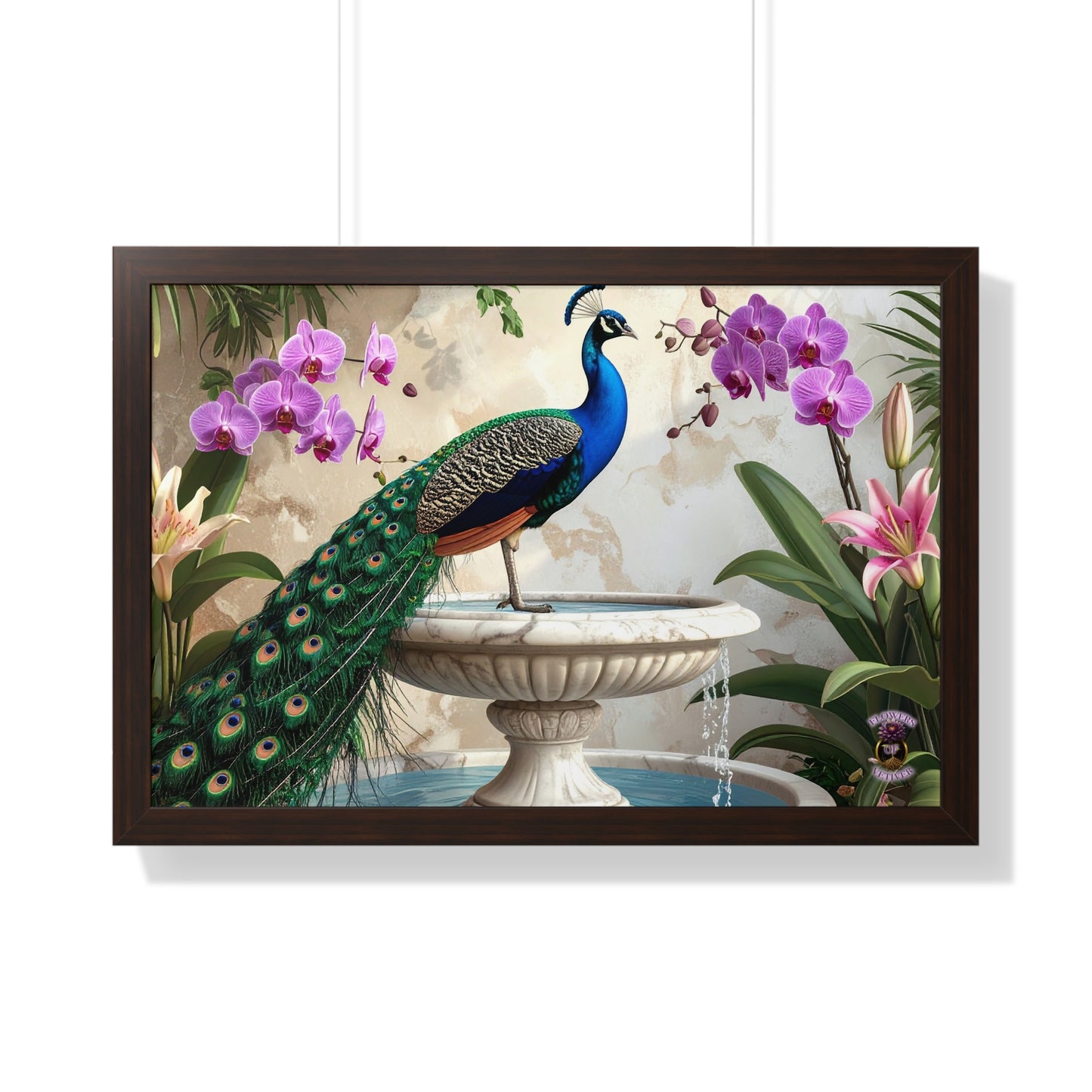 Elegant Peacock on Marble Fountain with Tuscan Renaissance-Inspired Details