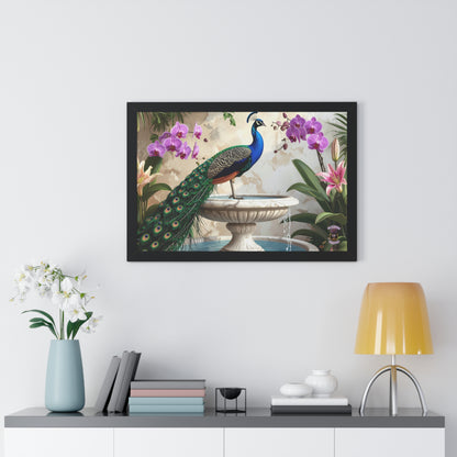 Elegant Peacock on Marble Fountain with Tuscan Renaissance-Inspired Details