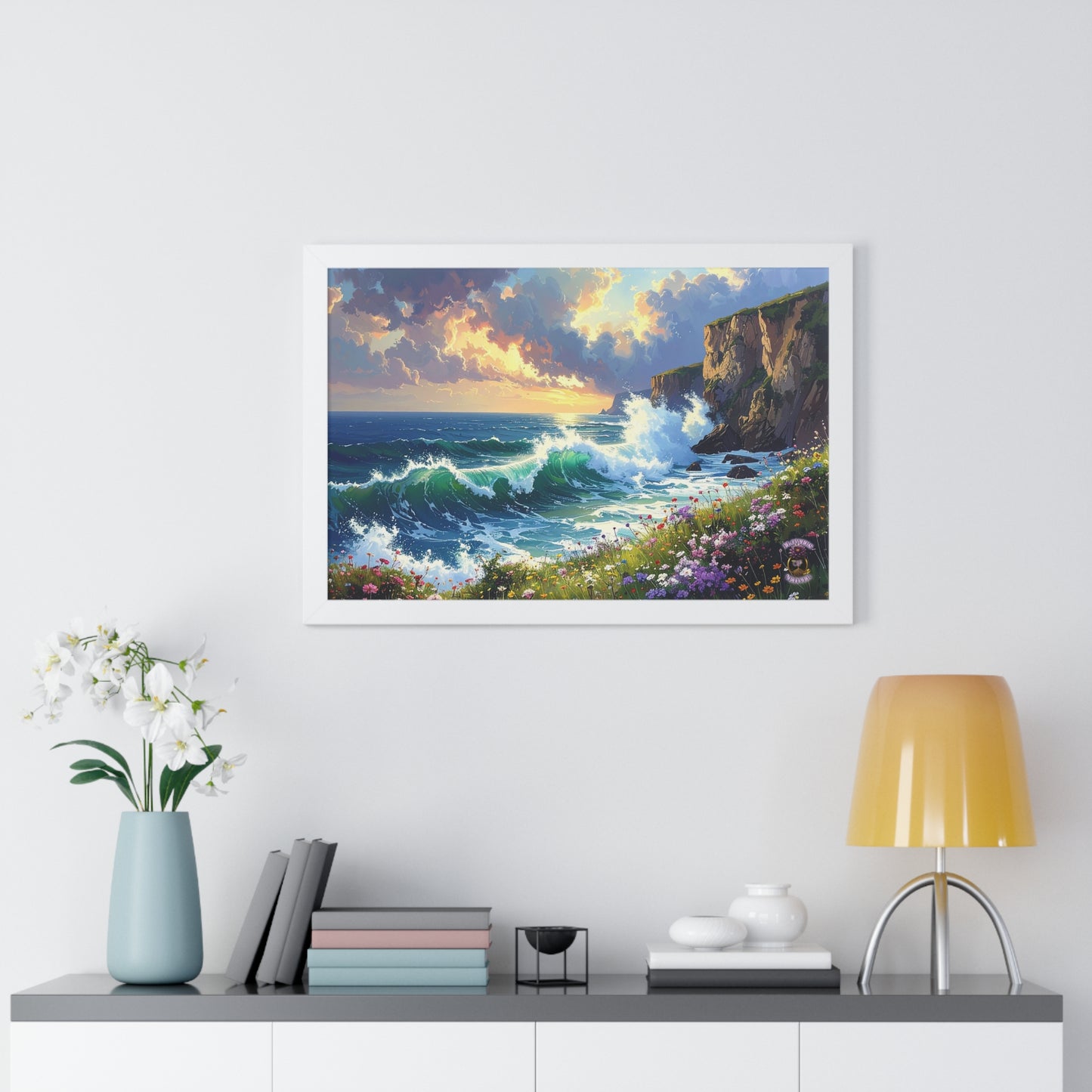 Ocean Wave and Cliffs with Wildflowers