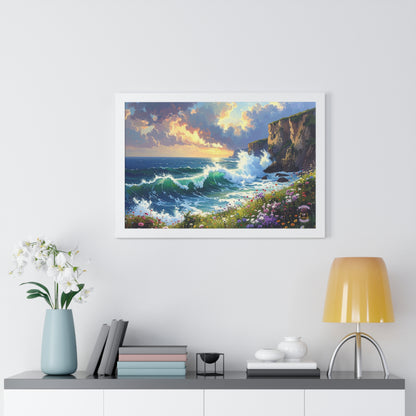 Ocean Wave and Cliffs with Wildflowers