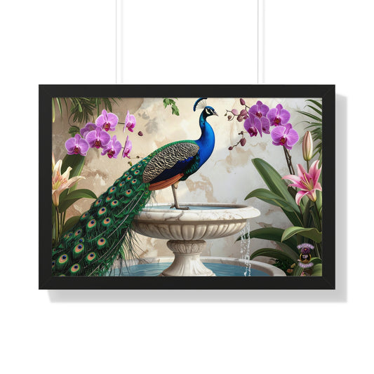 Elegant Peacock on Marble Fountain with Tuscan Renaissance-Inspired Details