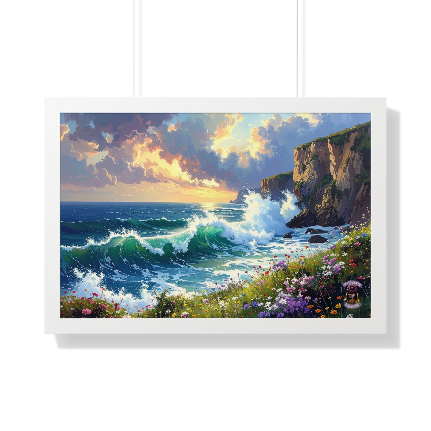 Ocean Wave and Cliffs with Wildflowers