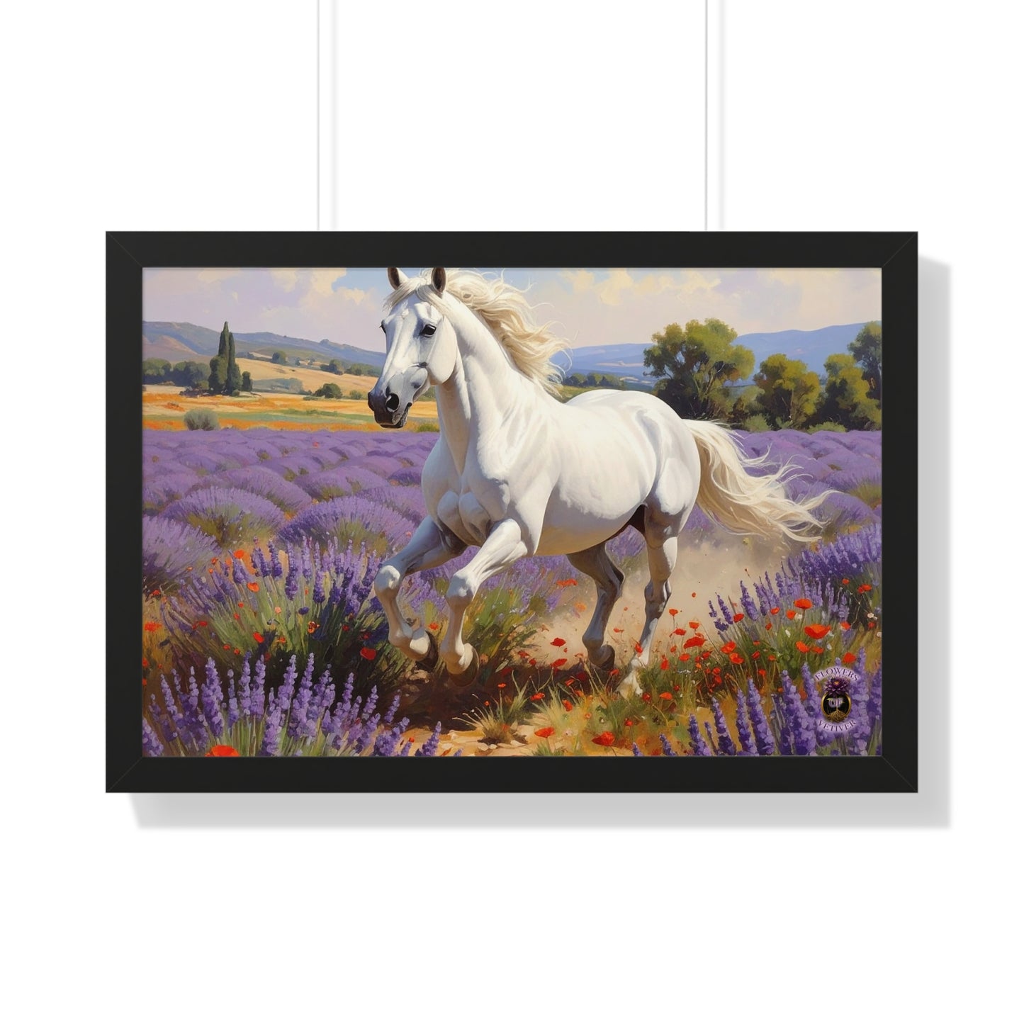 Galloping White Horse in Lavender Field Caravaggio Style