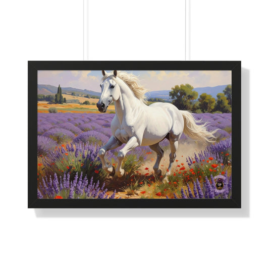Galloping White Horse in Lavender Field Caravaggio Style