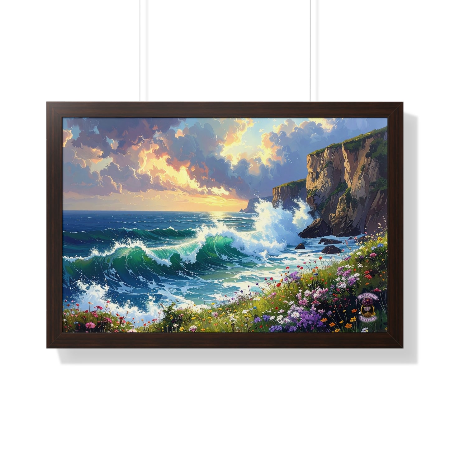 Ocean Wave and Cliffs with Wildflowers