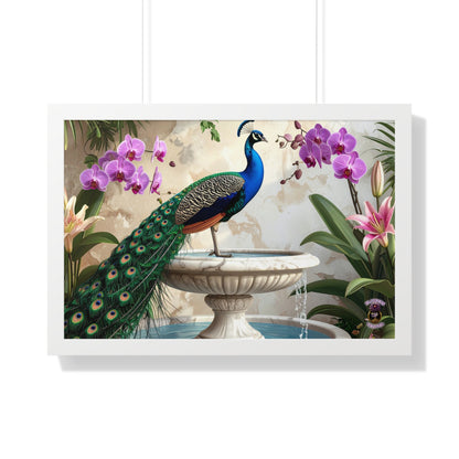 Elegant Peacock on Marble Fountain with Tuscan Renaissance-Inspired Details