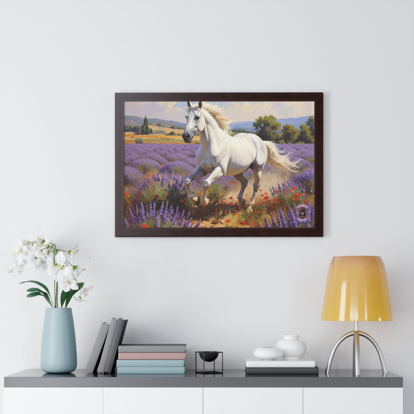 Galloping White Horse in Lavender Field Caravaggio Style