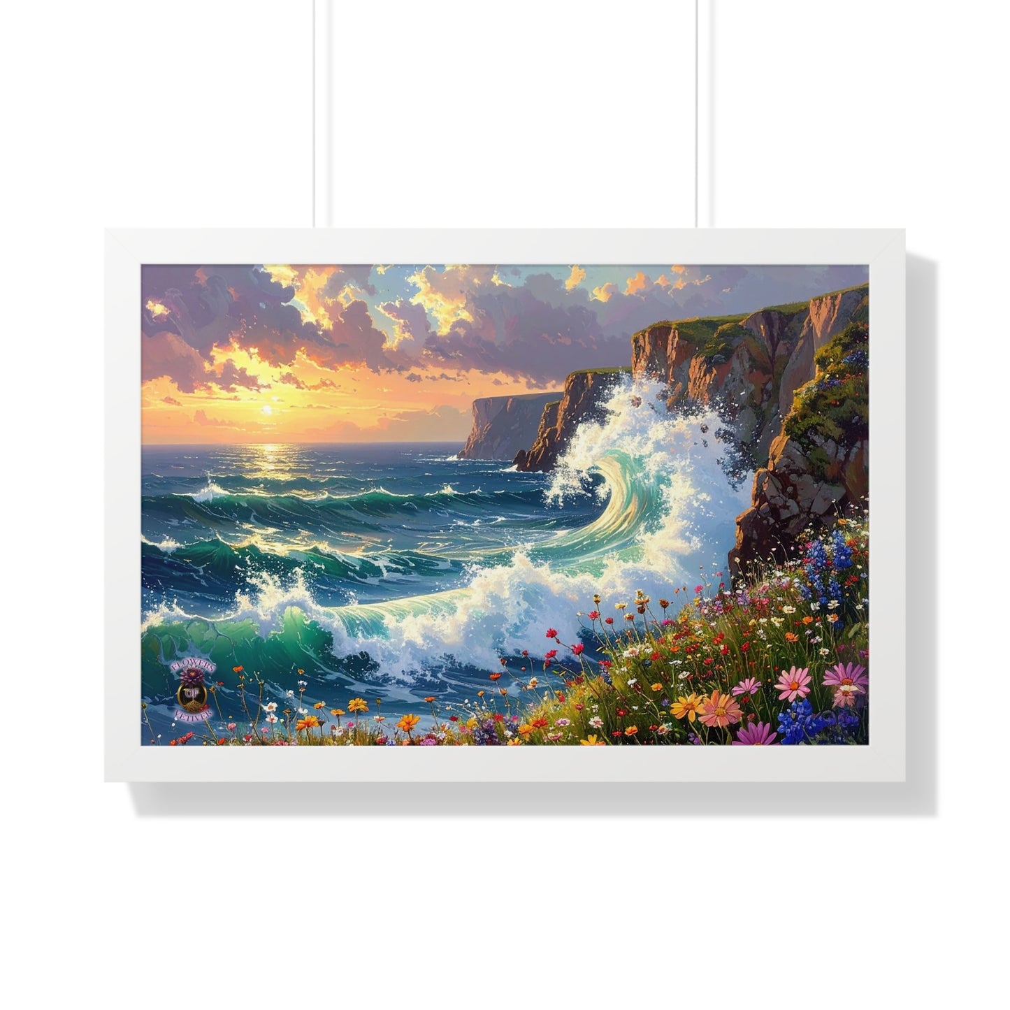 Ocean Wave and Cliffs with Wildflowers