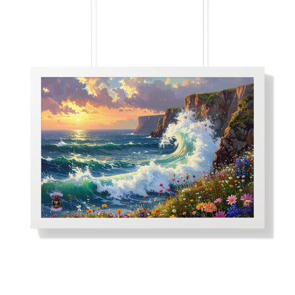 Ocean Wave and Cliffs with Wildflowers