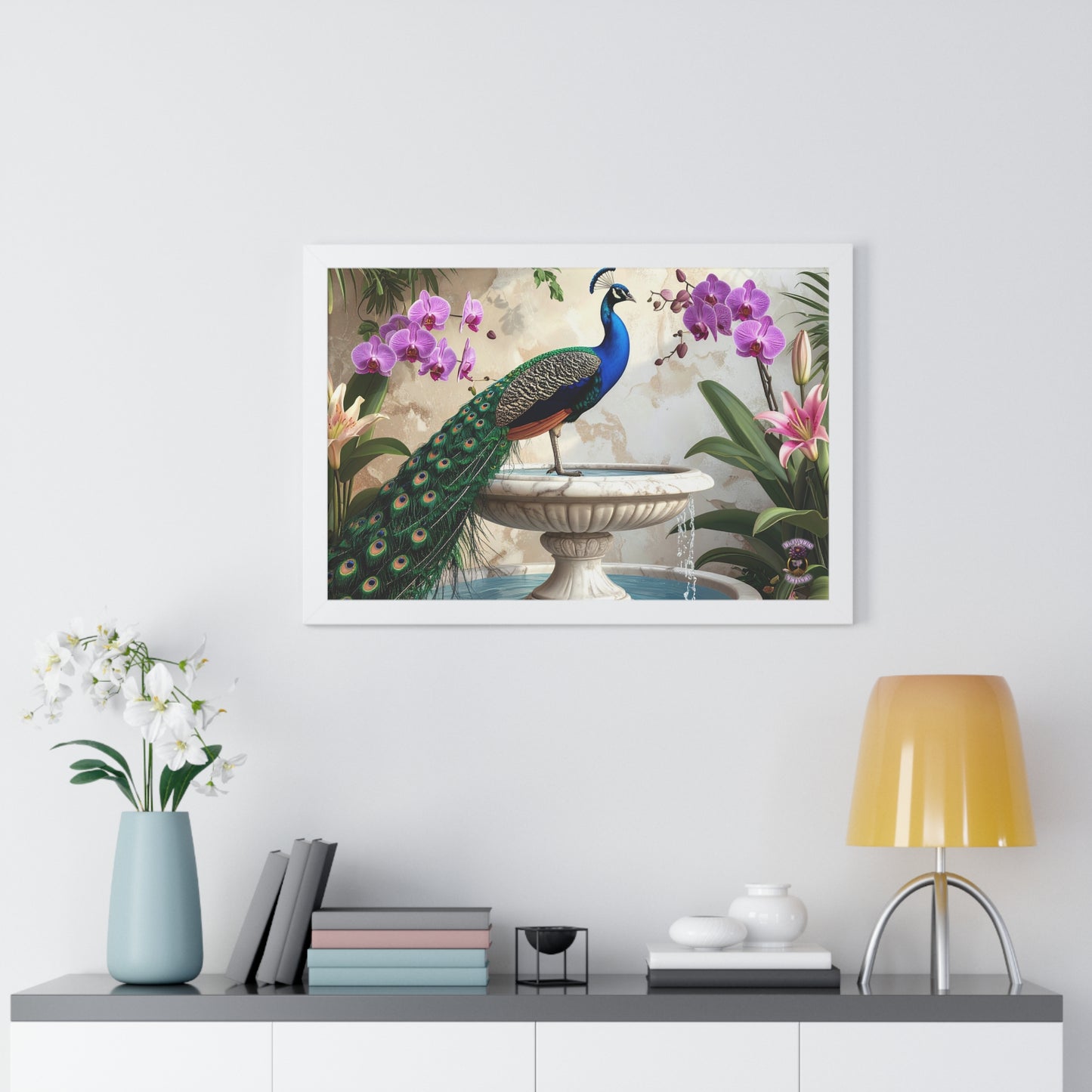 Elegant Peacock on Marble Fountain with Tuscan Renaissance-Inspired Details