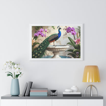 Elegant Peacock on Marble Fountain with Tuscan Renaissance-Inspired Details