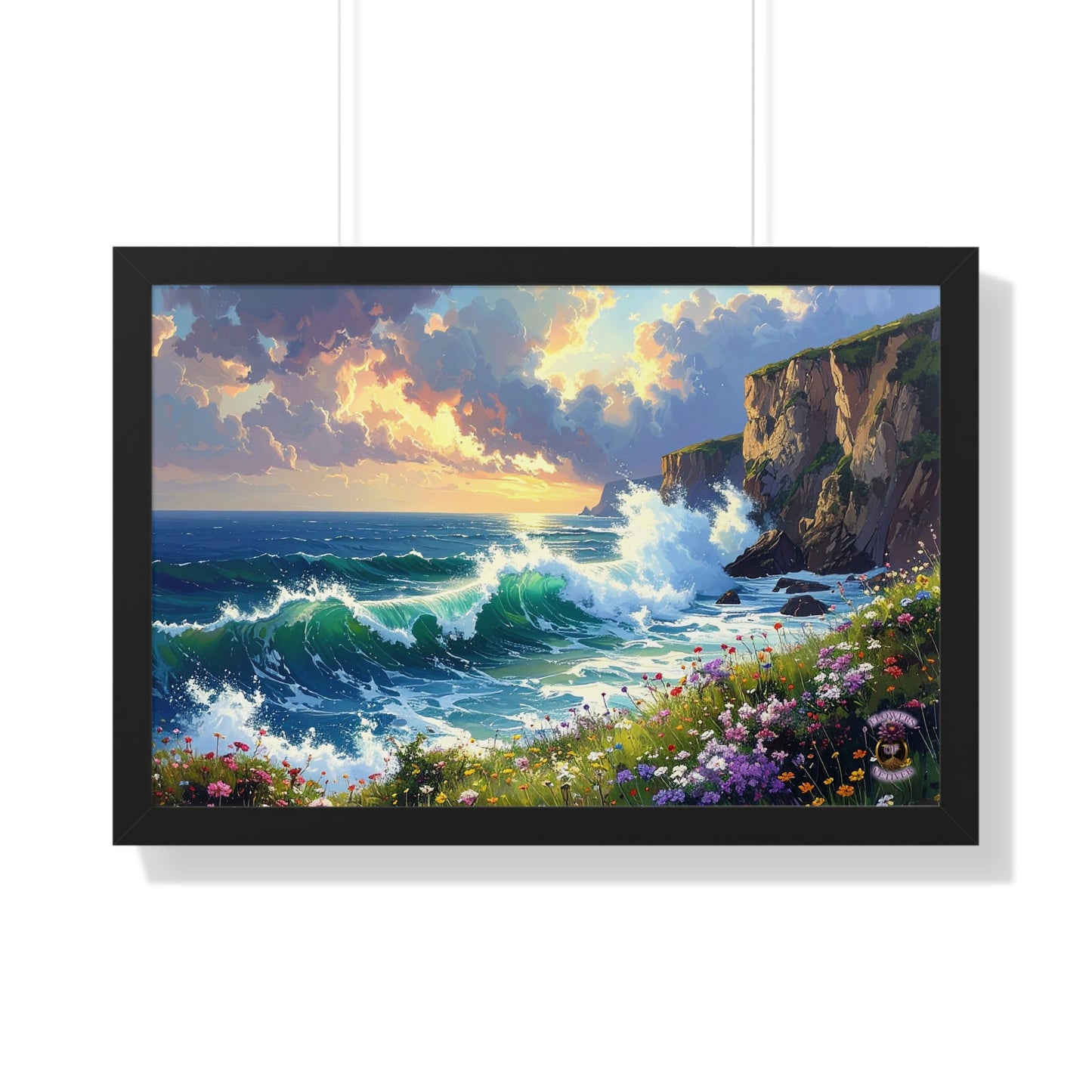 Ocean Wave and Cliffs with Wildflowers