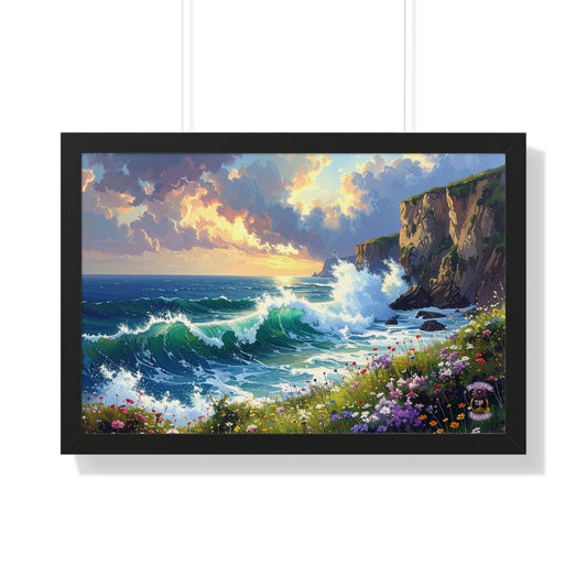 Ocean Wave and Cliffs with Wildflowers
