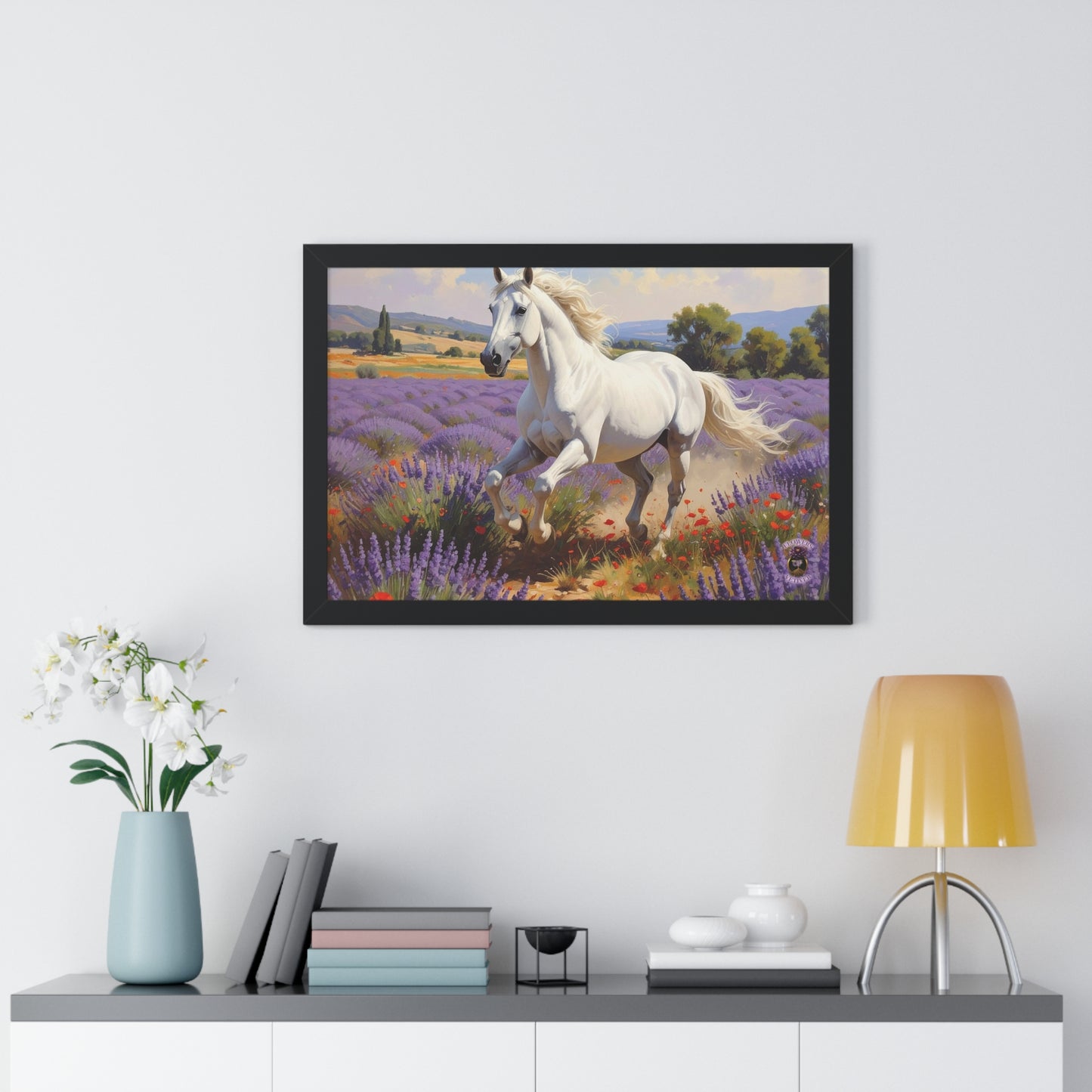 Galloping White Horse in Lavender Field Caravaggio Style