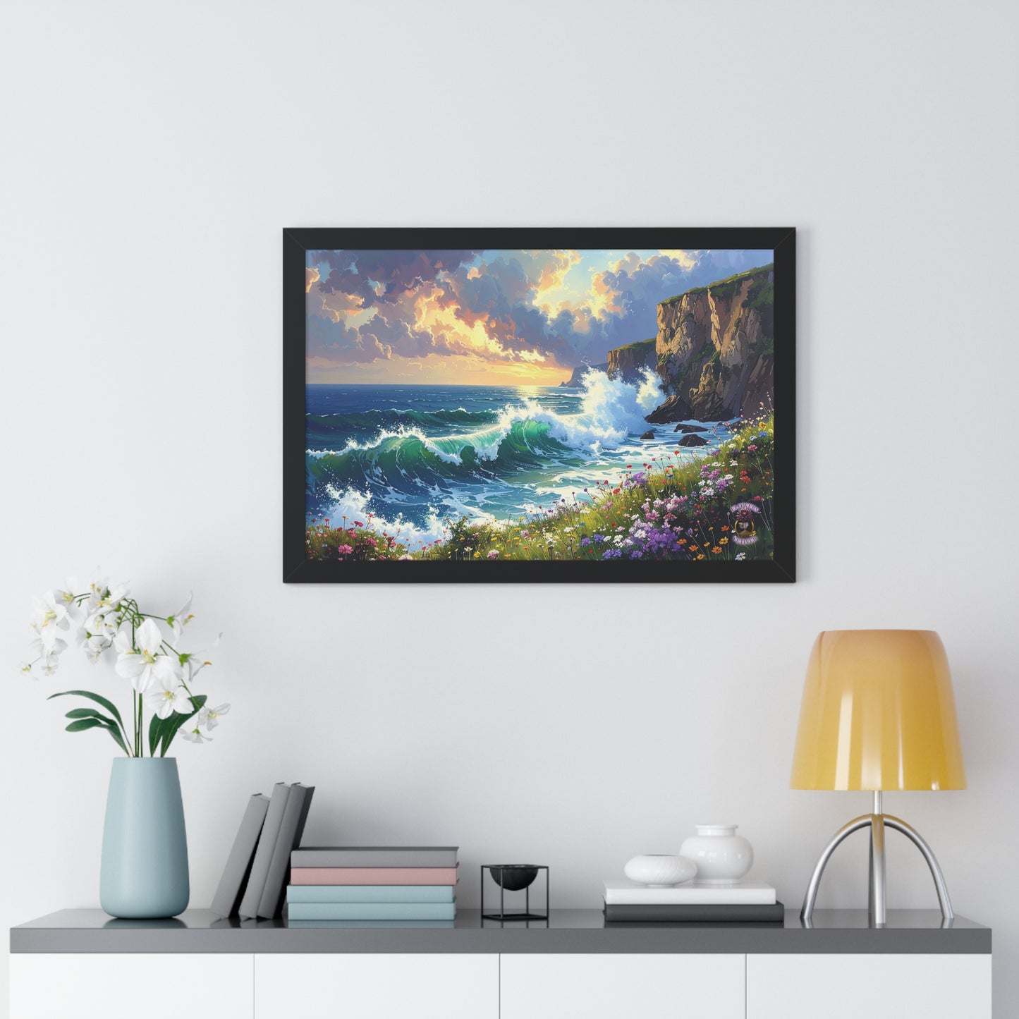 Ocean Wave and Cliffs with Wildflowers
