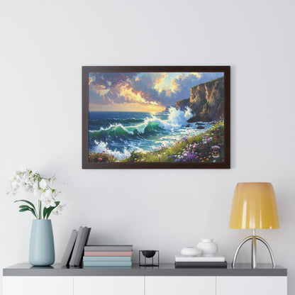 Ocean Wave and Cliffs with Wildflowers