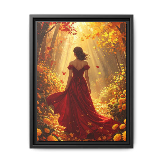Woman in Red Dress Walking Through Autumn Forest