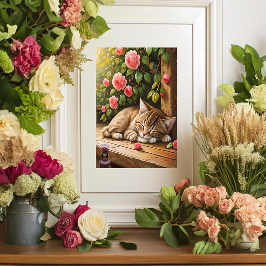 Sleeping Kitty in a Peony Garden